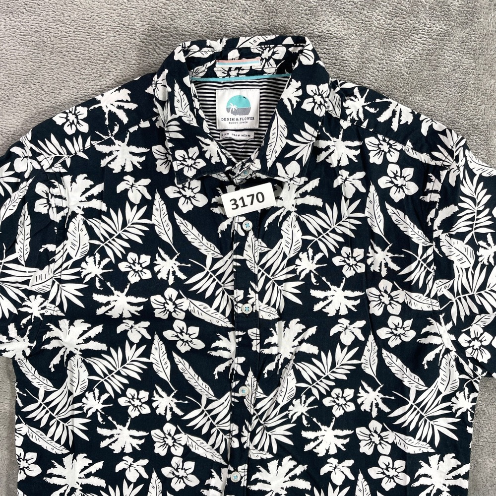 Denim & Flower Shirt Mens Medium Black White Tropical Floral Short Sleeve Button